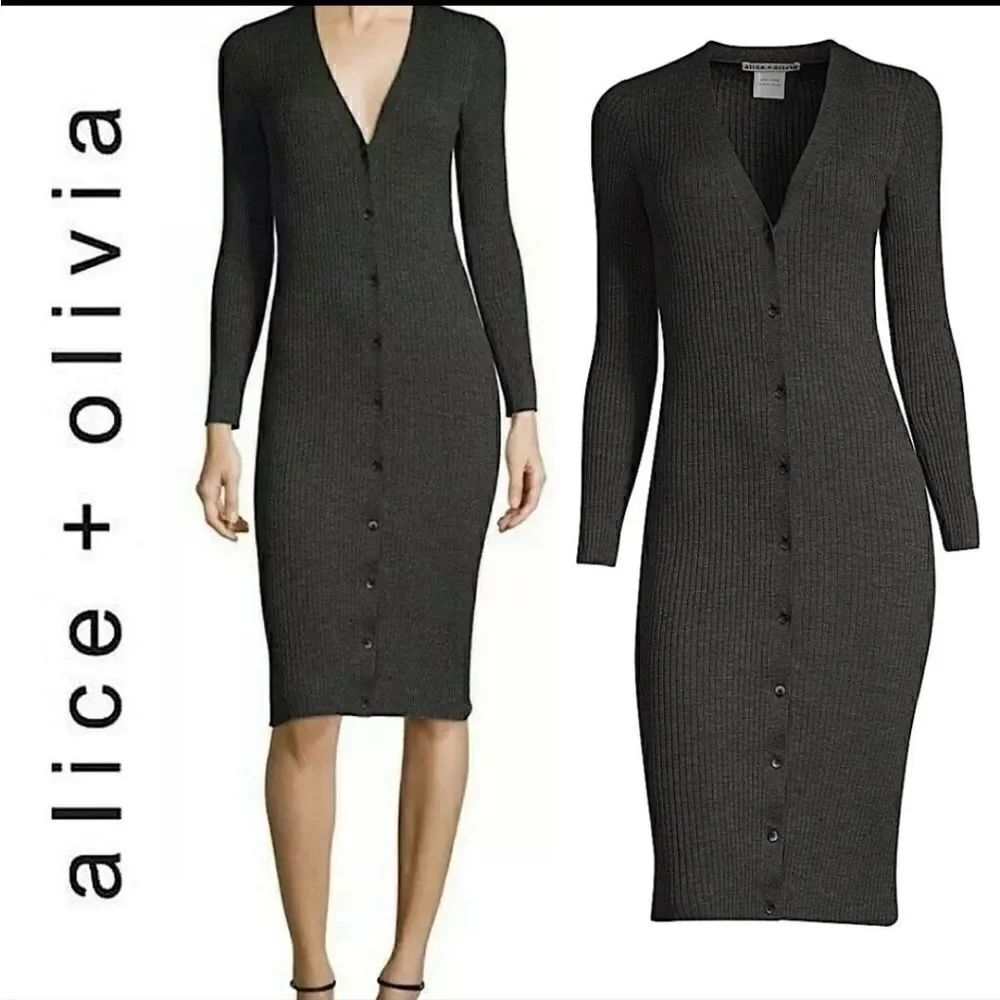 Alice + Olivia Dark Gray Annika Ribbed Long Cardigan Duster Sweater Dress